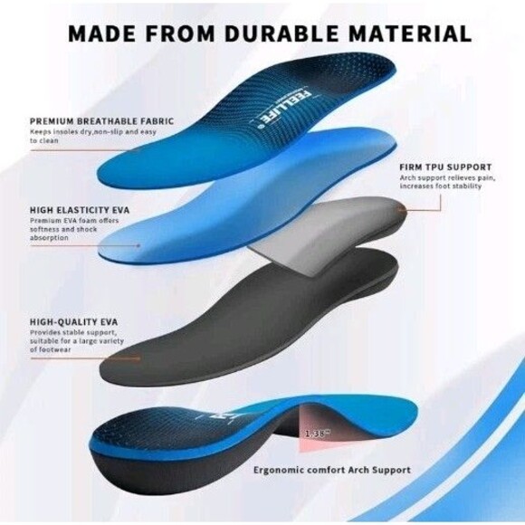 FEELLIFE Plantar Fasciitis Insoles High Arch Support Orthotics  M5-5.5 / W 7-7.5 - Picture 3 of 10